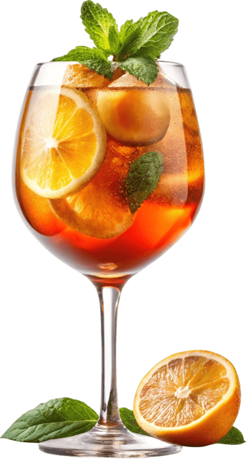 Cocktail orange avec tranches d'orange, glaçons et feuilles de menthe dans un verre à pied pour un événement professionnel.